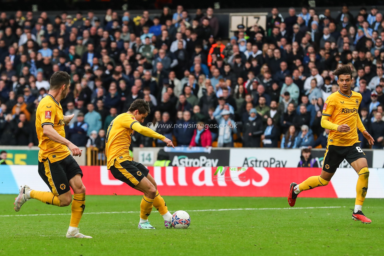 Hugo Bueno of Wolverhampton Wanderers scores a goal to make it 2-1 during the Emirates FA Cup Quarter- Final match Wolverhampton Wanderers vs Coventry City at Molineux, Wolverhampton, United Kingdom, 16th March 2024

(Photo by Gareth Evans/News Images)