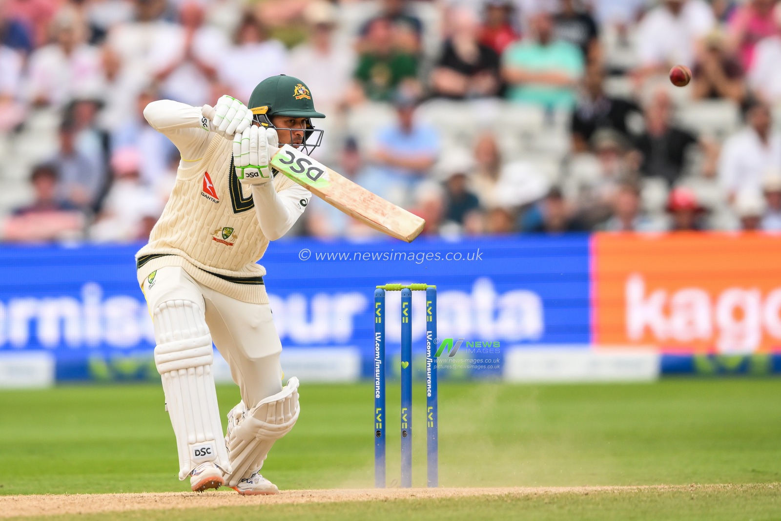 Usman Khawaja of Australia drives the ball during the LV= Insurance Ashes First Test Series Day 5 England v Australia at Edgbaston, Birmingham, United Kingdom, 20th June 2023

(Photo by Craig Thomas/News Images)