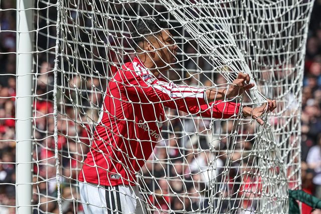 Casemiro of Manchester United reacts in the back of the net after a missed chance on goal during the Premier League match Manchester United vs Nottingham Forest at Old Trafford, Manchester, United Kingdom on 17 May 2026

(Photo by Mark Cosgrove/News Images)