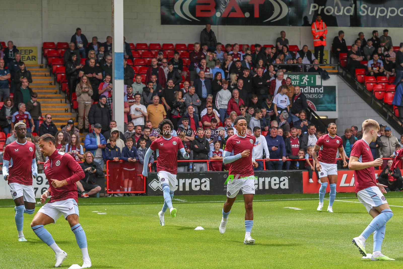 Aston Villa players during the pre-game warm up ahead of the Pre-season friendly match Walsall vs Aston Villa at Poundland Bescot Stadium, Walsall, United Kingdom, 15th July 2023

(Photo by Gareth Evans/News Images)