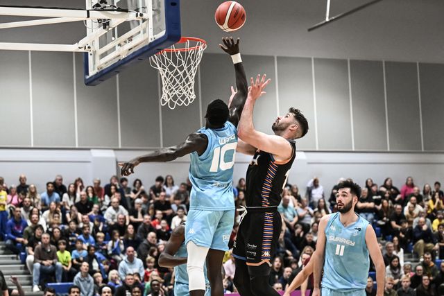 Padiet Wang of Surrey Scorchers knocks David Ulph of Cheshire Phoenix shot away during the British Basketball Championship match Cheshire Phoenix vs Surrey Scorchers at Ellesmere Port Sports Village, Ellesmere Port, United Kingdom, 19th November 2023

(Photo by Craig Thomas/News Images)