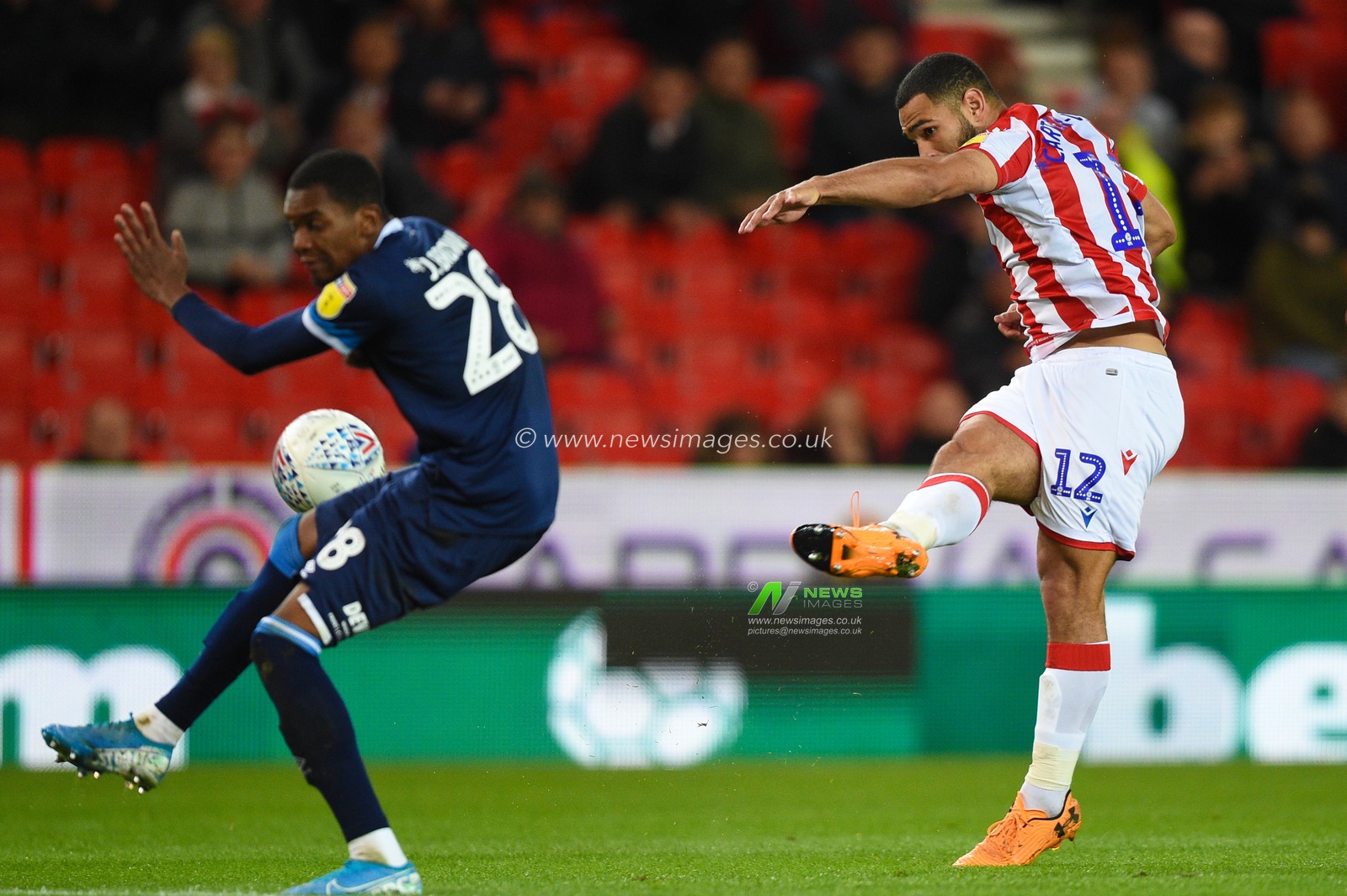 1st October 2019, Bet365 Stadium, Stoke-on-Trent, England; Sky Bet Championship, Stoke City v Huddersfield Town : Cameron Carter-Vickers (12) of Stoke City shoots on goal.

Credit: Richard Long/News Images
