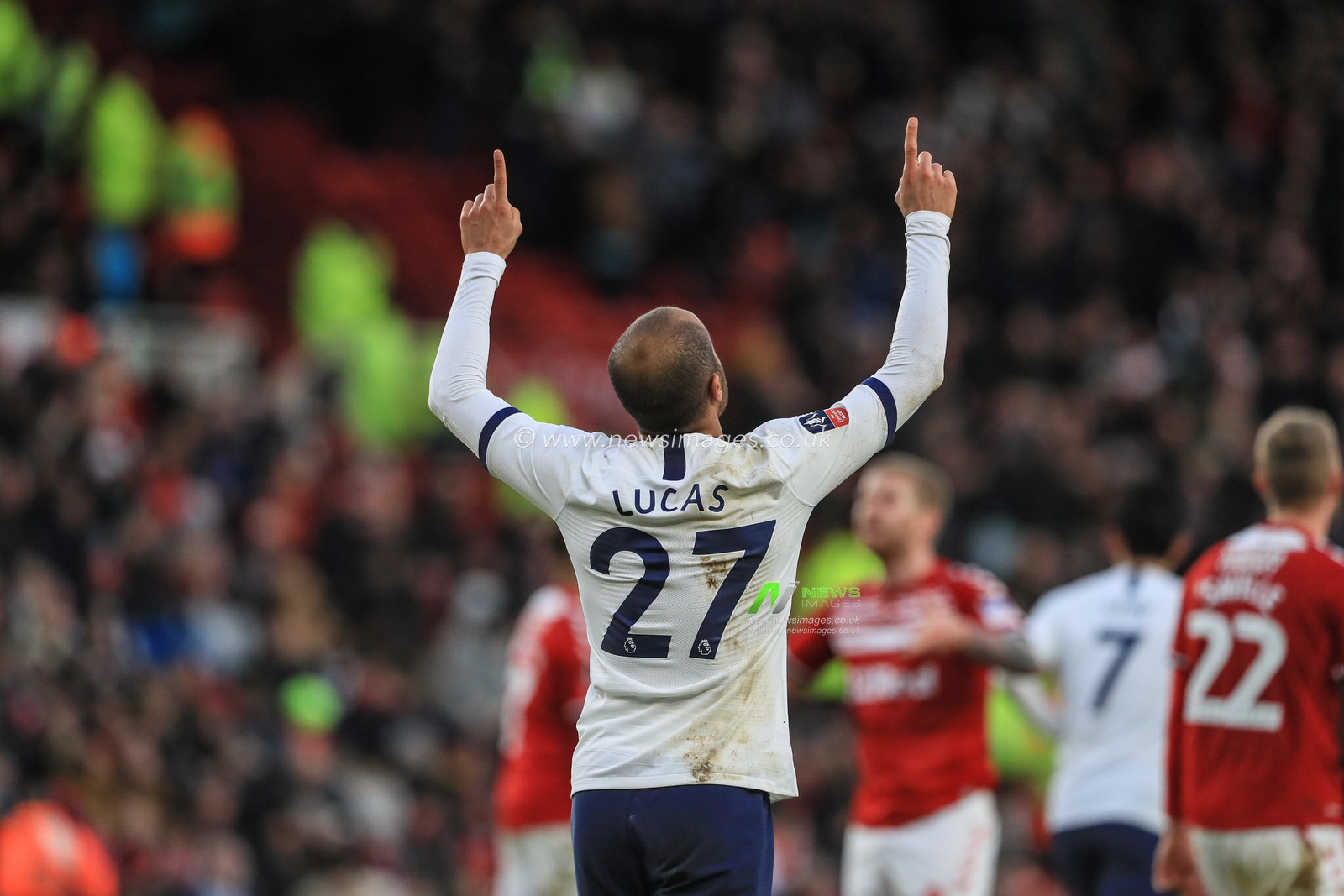 5th January 2020, Riverside Stadium, Middlesbrough, England; Emirates FA Cup, Middlesbrough v Tottenham Hotspur : Lucas Moura (27) of Tottenham points to the sky as he celebrates his goal to make it 1-1

Credit: Mark Cosgrove/News Images