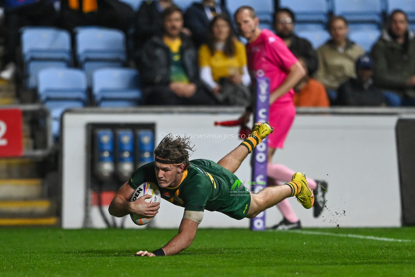 Campbell Graham of Australia goes over for a try to complete his hat trick during the Rugby League World Cup 2021 match Australia vs Scotland at Coventry Building Society Arena, Coventry, United Kingdom, 21st October 2022

(Photo by Craig Thomas/News Images)