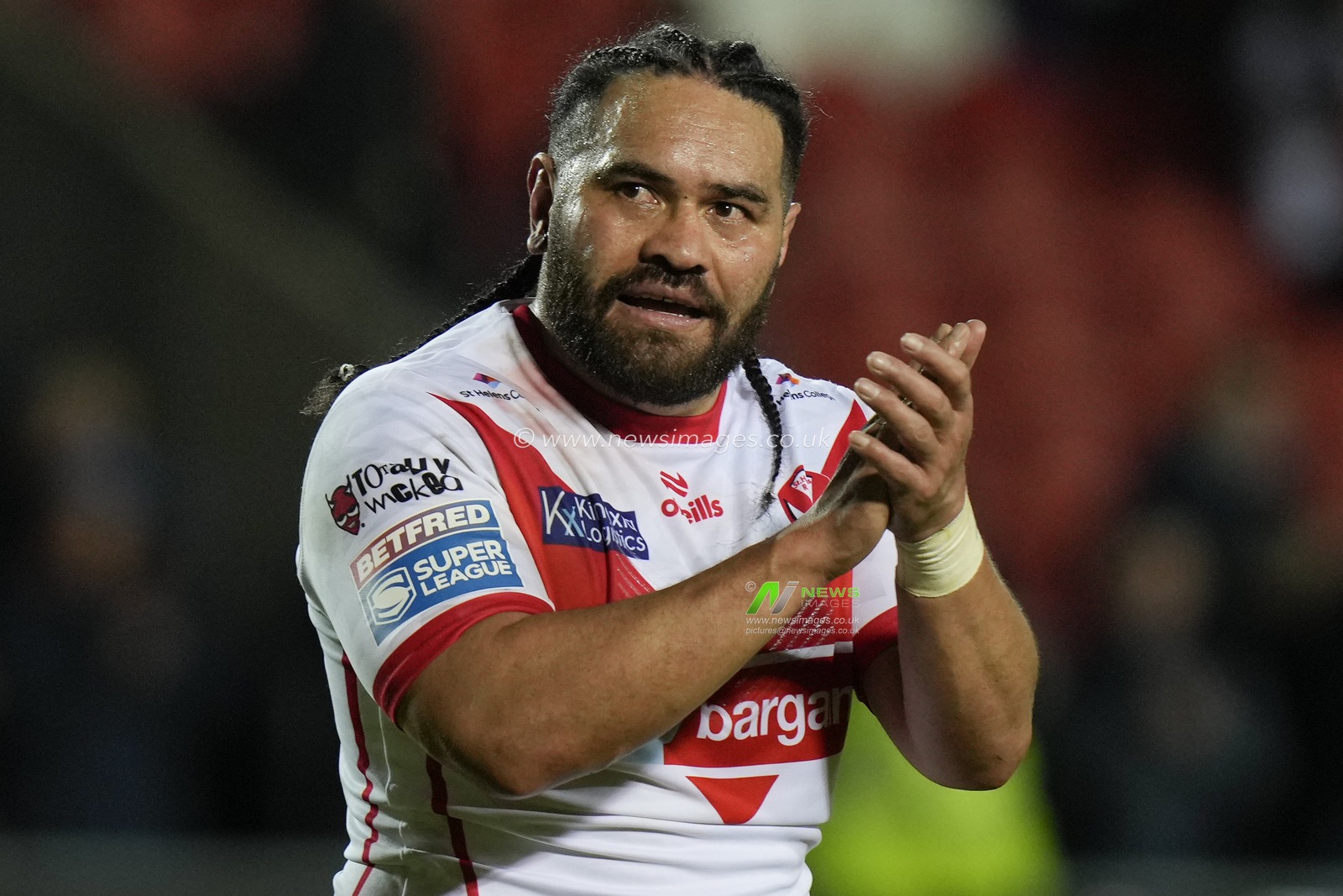 Konrad Hurrell of St. Helens salutes the fans after the Betfred Super League  Round 8 match St Helens vs Hull FC at Totally Wicked Stadium, St Helens, United Kingdom, 19th April 2024

(Photo by Steve Flynn/News Images)