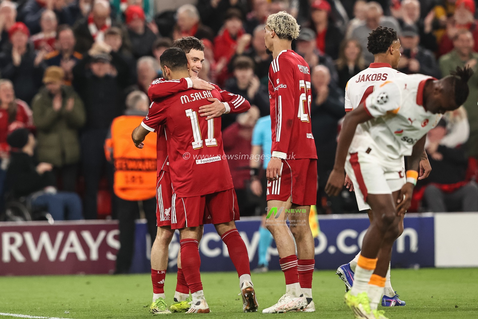 Mohamed Salah of Liverpool celebrates his goal to make it 4-0 and notches up his 50th Champions League goal during the UEFA Champions League last 16 second leg match Liverpool vs Galatasaray at Anfield, Liverpool, United Kingdom on 18 March 2026

(Photo by Alfie Cosgrove/News Images)