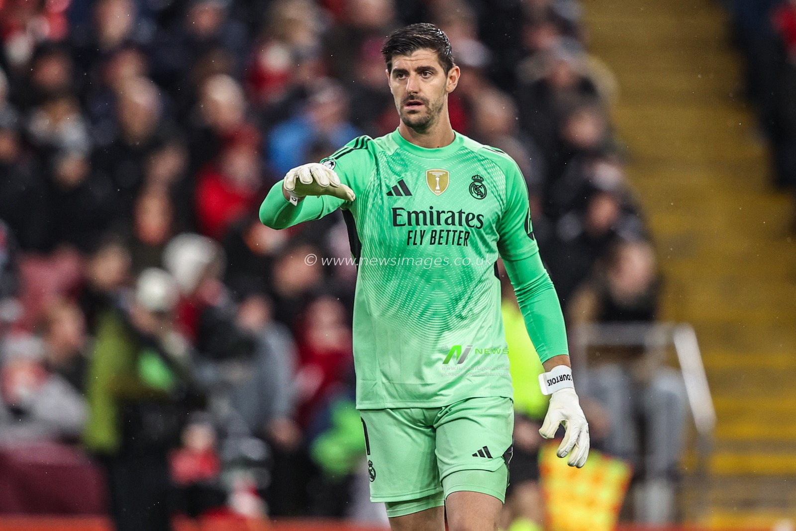 Real Madrid goalkeeper Thibaut Courtois during the UEFA Champions League Matchday 4 of 8 Liverpool vs Real Madrid at Anfield, Liverpool, United Kingdom, 4th November 2025

(Photo by Alfie Cosgrove/News Images)

*** GER AUT SUI OUT ***