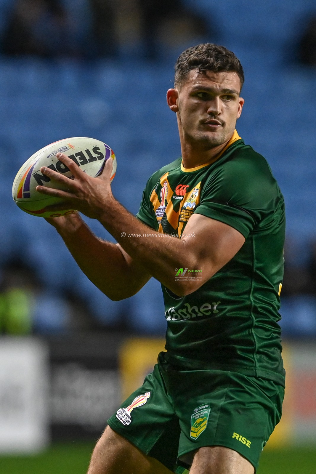 Nathan Cleary of Australia during pre-game warm up at the Rugby League World Cup 2021 match Australia vs Scotland at Coventry Building Society Arena, Coventry, United Kingdom, 21st October 2022

(Photo by Craig Thomas/News Images)