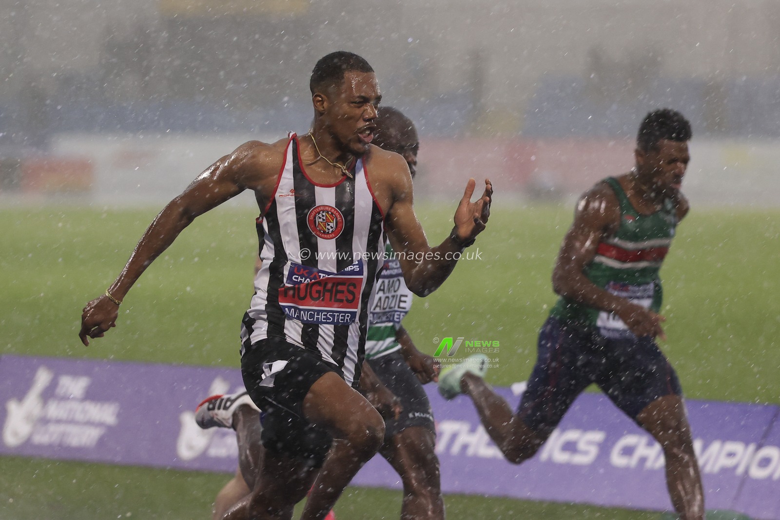 Zharnel Hughes wins the menâ€™s100m finalduring the UK Athletics Championships at Manchester Regional Arena, Manchester, United Kingdom, 8th July 2023.

(Photo by Conor Molloy/News Images)