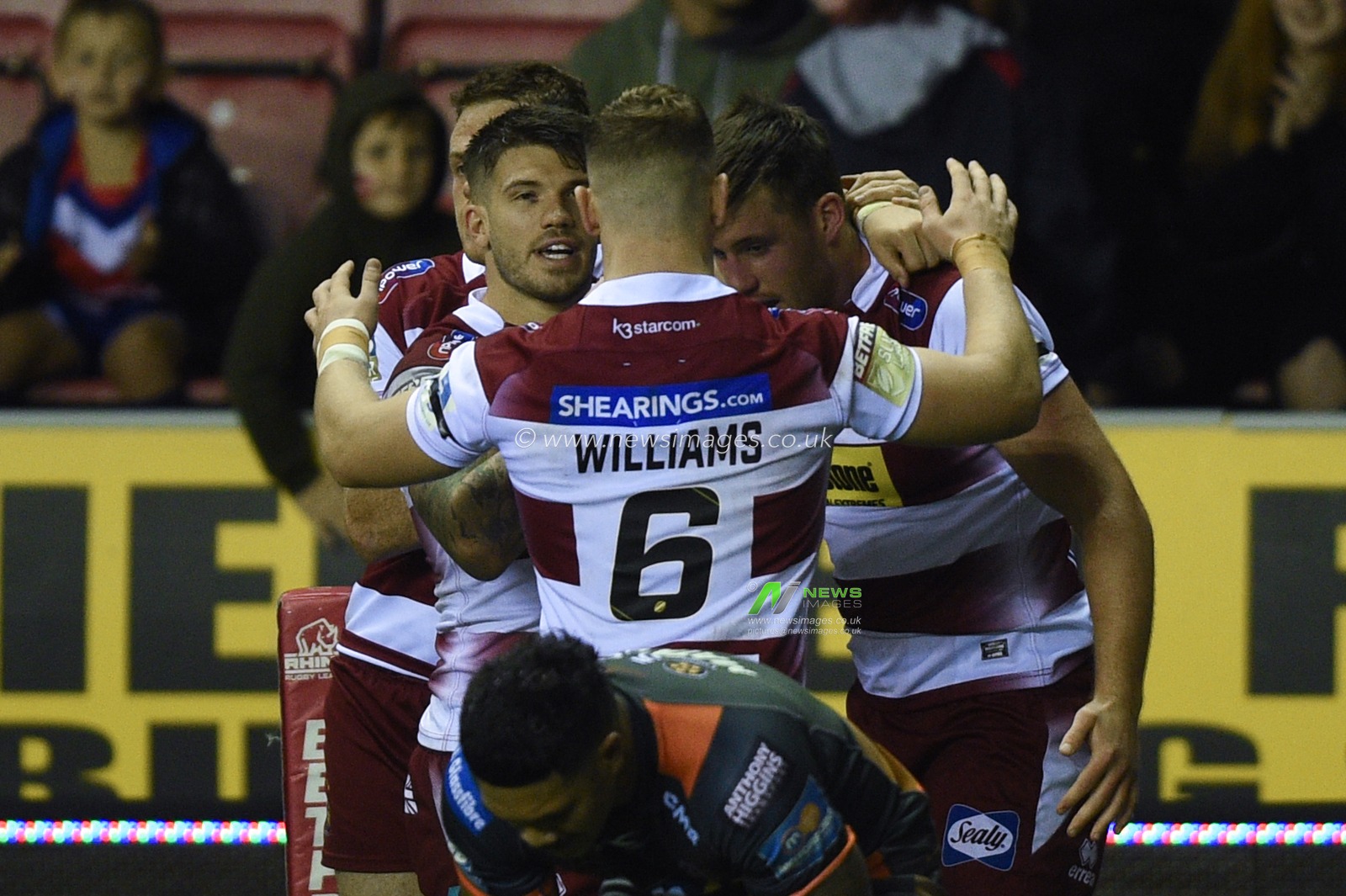 12th September 2019 , DW Stadium, Wigan, England;  Betfred Super League Rugby, Round 29, Wigan Warriors vs Castleford Tigers ; Joe Greenwood (11) of Wigan Warriors celebrates his try making it 14-2

Credit: Richard Long/News Images