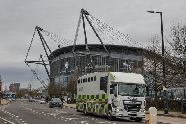 A general view of the Etihad Stadium as Greater Manchester mounted police truck passes during the Emirates FA Cup Quarter-Final match Manchester City vs Liverpool at Etihad Stadium, Manchester, United Kingdom on 04 April 2026

(Photo by Mark Cosgrove/News Images)