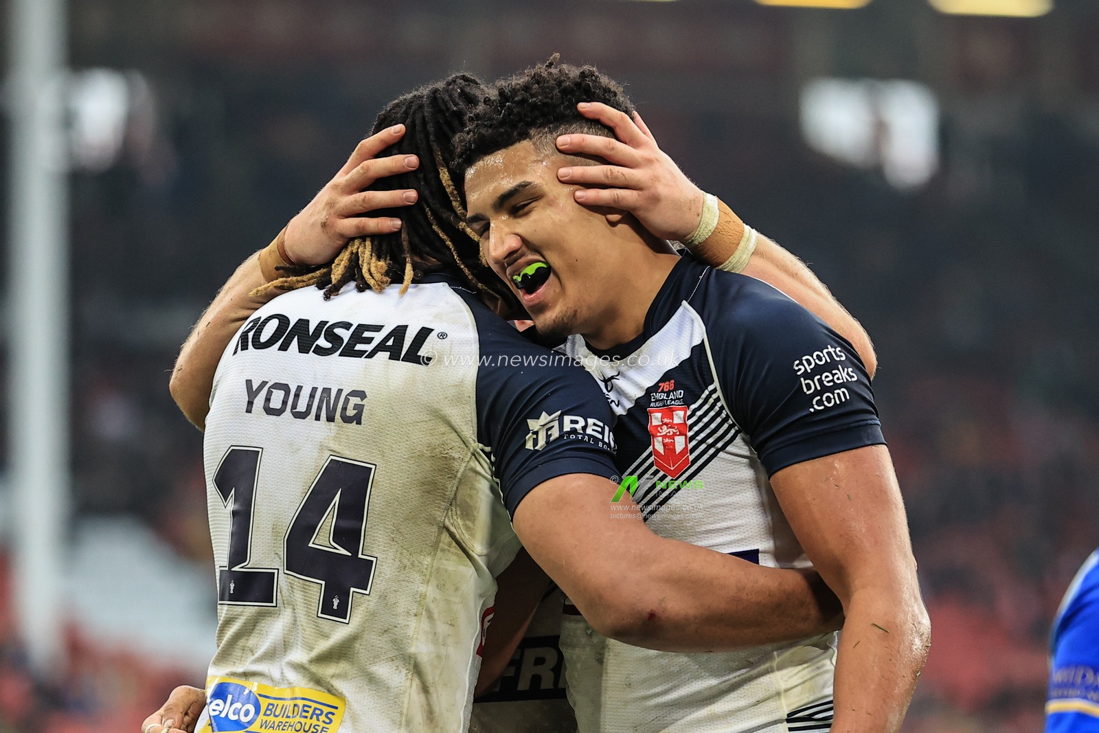 Kai Pearce-Paul of England celebrates his try with Dom Young of England during the Rugby League World Cup 2021 match England vs Greece at Bramall Lane, Sheffield, United Kingdom, 29th October 2022

(Photo by Mark Cosgrove/News Images)