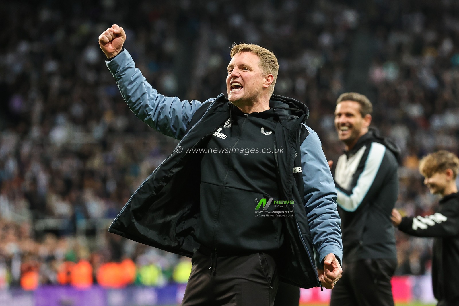 Eddie Howe manager of Newcastle United punches the air as he celebrates at the end of the Premier League match Newcastle United vs Leicester City at St. James's Park, Newcastle, United Kingdom, 22nd May 2023

(Photo by Mark Cosgrove/News Images)