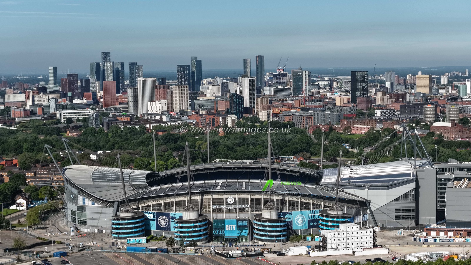 An aerial view of The Etihad Stadium and the high-rise buildings of the city of Manchester  during the Premier League match Manchester City vs Aston Villa at Etihad Stadium, Manchester, United Kingdom on 24 May 2026

(Photo by Mark Cosgrove/News Images)