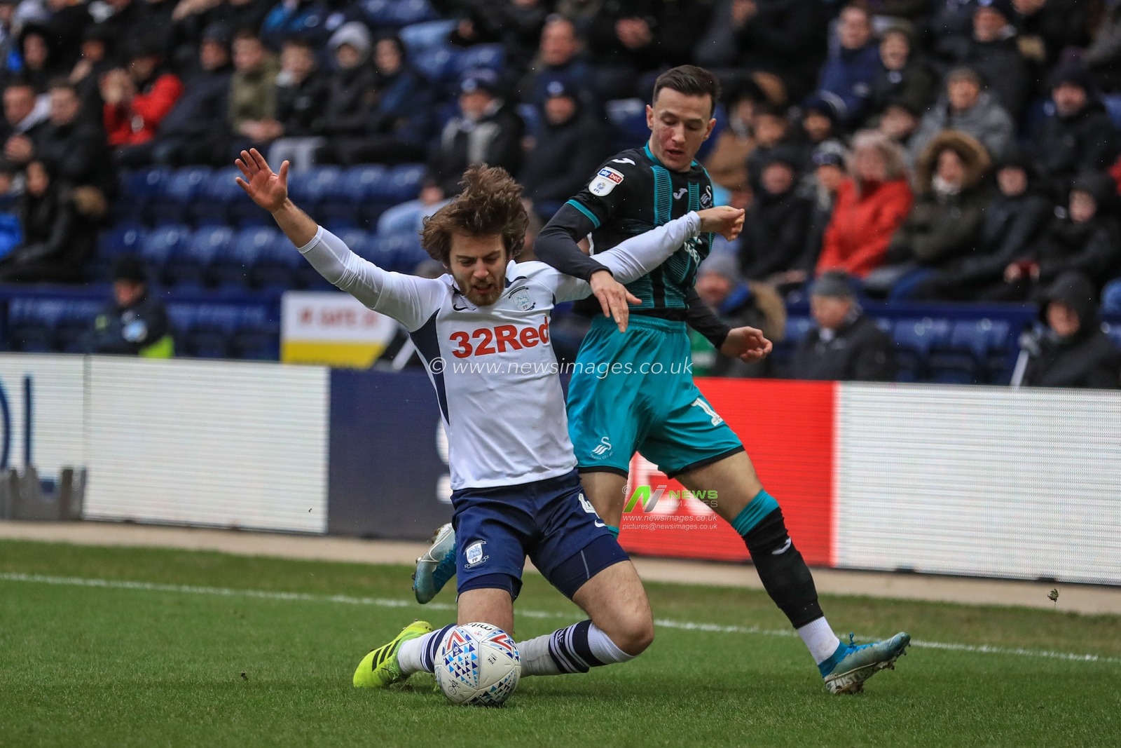1st February 2020, Deepdale, Preston, England; Sky Bet Championship, Preston North End v Swansea City : Bersant Celina (10) of Swansea City fouls Ben Pearson (4) of Preston North End