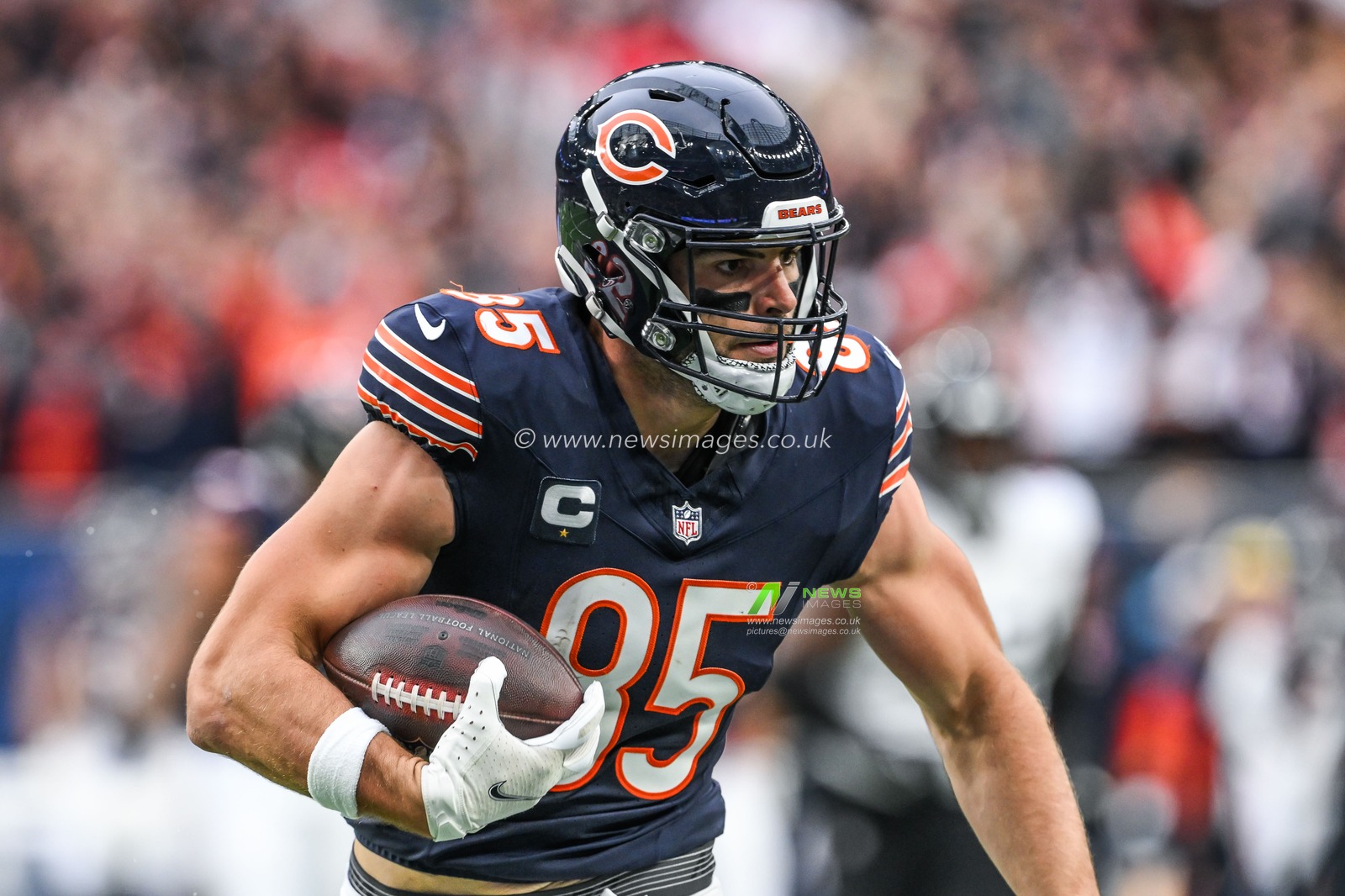 Cole Kmet of the Chicago Bears carries the ball after the catch for a first down during the Week 6 match Chicago Bears vs Jacksonville Jaguars at Tottenham Hotspur Stadium, London, United Kingdom, 13th October 2024

(Photo by Craig Thomas/News Images)
