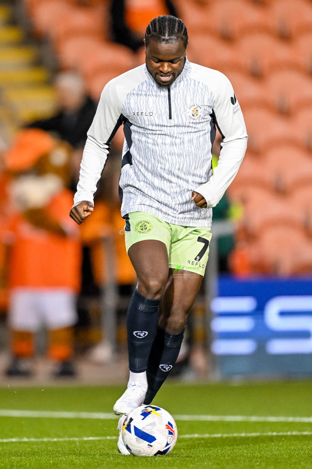 Millenic Alli of Luton Town  warms up prior to the Sky Bet League 1 match Blackpool vs Luton Town at Bloomfield Road, Blackpool, United Kingdom, 30th September 2025

(Photo by Adam Gee/News Images)