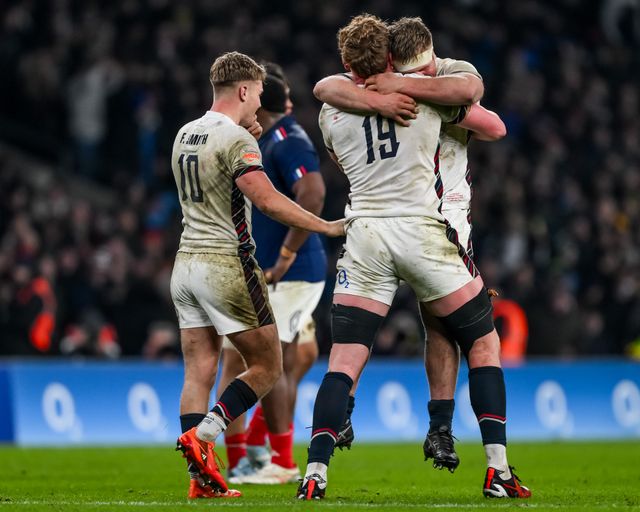 Ollie Chessum and Fin Baxter of England celebrates with his team mates after winning the 2025 Guinness 6 Nations match England vs France at Allianz Stadium,, Twickenham, United Kingdom, 8th February 2025

(Photo by Craig Thomas/News Images)
