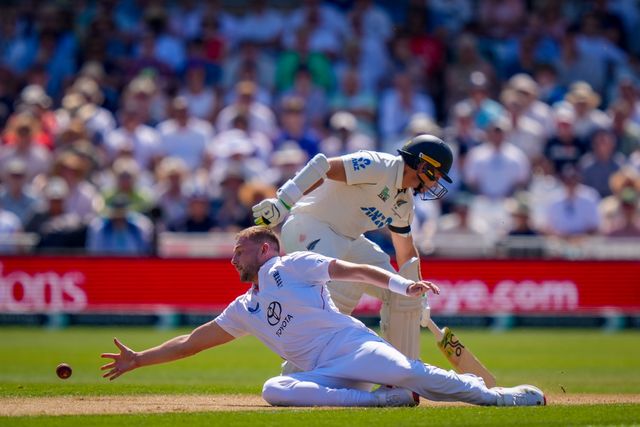 Gus Atkinson of England dives to stop a run during the 3rd Rothesay Test Match Day 1 match England vs New Zealand at Trent Bridge, Nottingham, United Kingdom on 25 June 2026

(Photo by Maynard Manyowa/News Images)