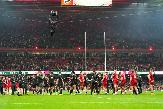 Players shake hands at the final whistle during the Quilter Nations Series 2025 match Wales vs New Zealand at Principality Stadium, Cardiff, United Kingdom, 22nd November 2025

(Photo by Andrew Lewis/News Images)

*** GER AUT SUI OUT ***