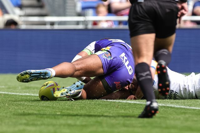 Jarrod O'Connor of Leeds Rhinos goes over for a try during the Betfred Super League Magic Weekend match Leeds Rhinos vs Bradford Bulls at Hill Dickinson Stadium, Liverpool, United Kingdom on 05 July 2026

(Photo by Mark Cosgrove/News Images)