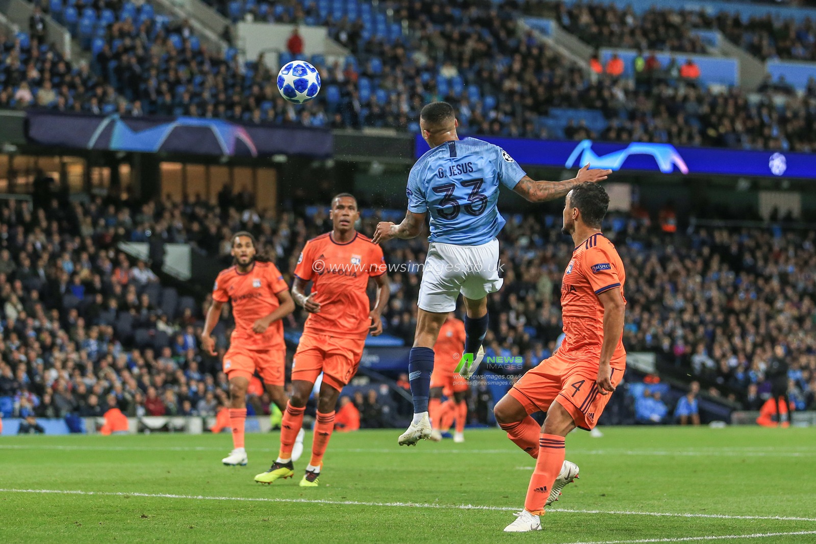 19th September 2018, Etihad Stadium, London, England; UEFA Champions League, Manchester City v Lyon; Gabriel Jesus (33) of Manchester City heads on goal but misses

Credit: Mark Cosgrove/News Images