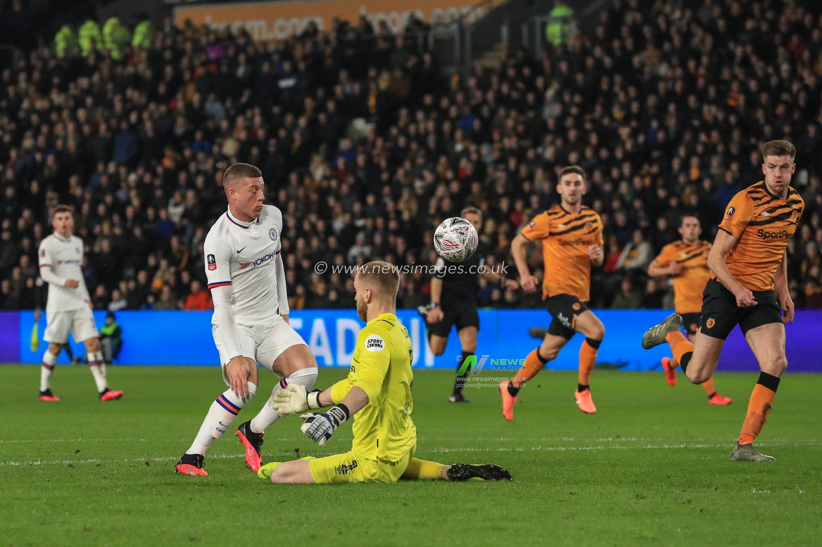 25th January 2020, KC Stadium, Kingston upon Hull, England; Emirates FA Cup, Hull City v Chelsea : George Long  (1) of Hull City blocks Ross Barkley (8) of Chelseaâ€™s shot on goal