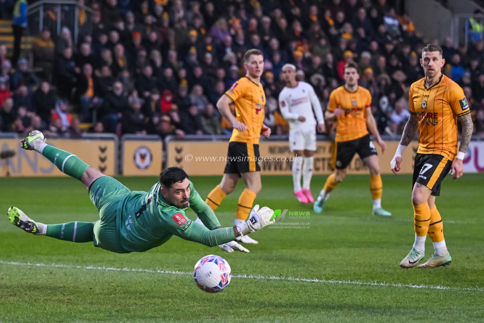 Nick Townsend of Newport County watches Antony of Manchester United shot go past the post during the Emirates FA Cup Fourth Round match Newport County vs Manchester United at Rodney Parade, Newport, United Kingdom, 28th January 2024

(Photo by Craig Thomas/News Images)