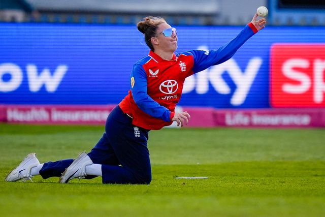 Linsey Smith of England dives to field the ball  during the England Women v New Zealand 1st Vitality IT20 match at The Central Co-Op County Ground, Derby, United Kingdom on 20 May 2026

(Photo by Maynard Manyowa/News Images)