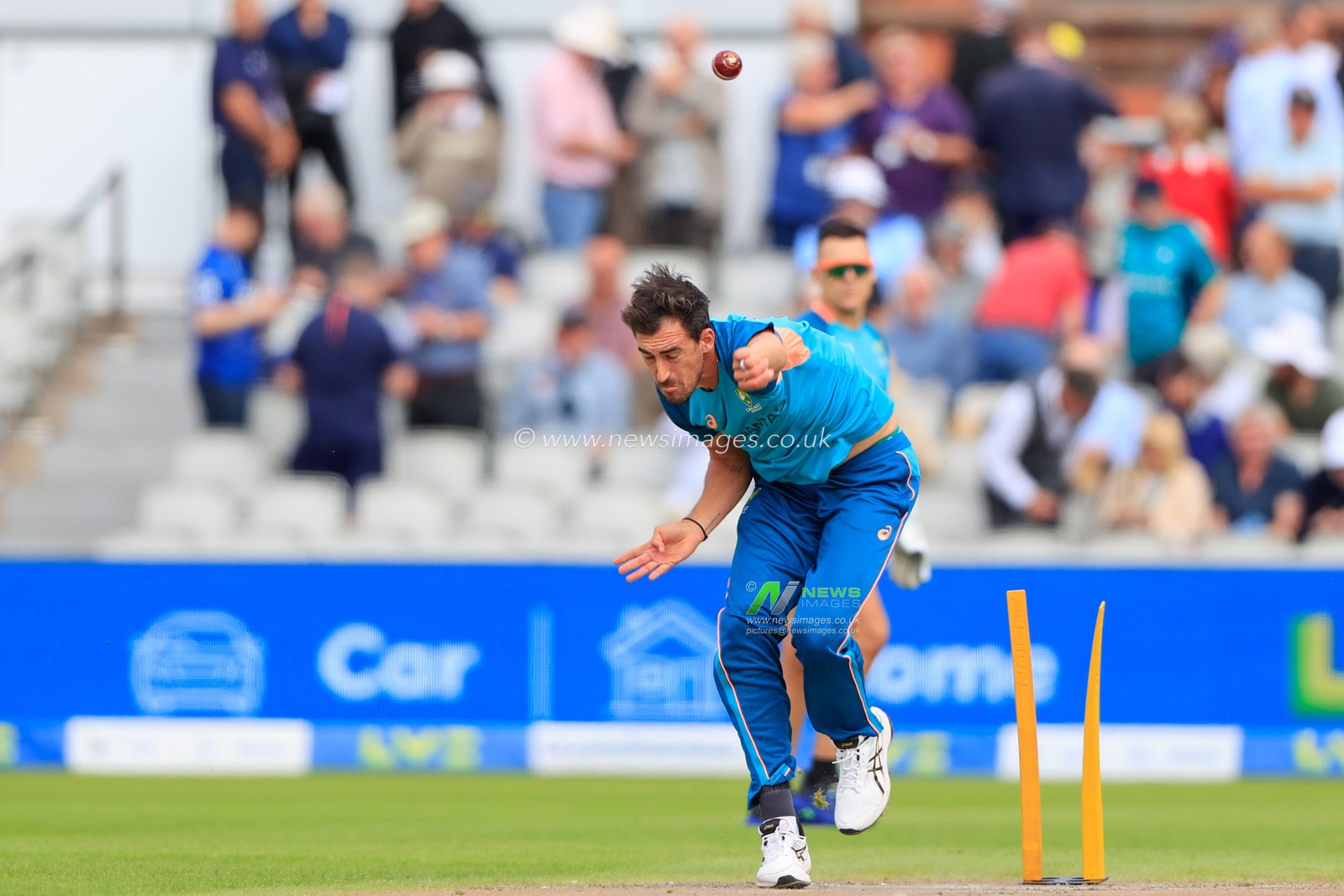 Mitchell Starc of Australia in the pre-game warm up session during the LV= Insurance Ashes Fourth Test Series Day One England vs Australia at Old Trafford, Manchester, United Kingdom, 19th July 2023

(Photo by Conor Molloy/News Images)