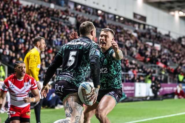 Josh Charnley of Leigh Leopards celebrates his try during the Betfred Super League match St Helens vs Leigh Leopards at The BrewDog Stadium, St Helens, United Kingdom on 20 February 2026

(Photo by Alfie Cosgrove/News Images)
