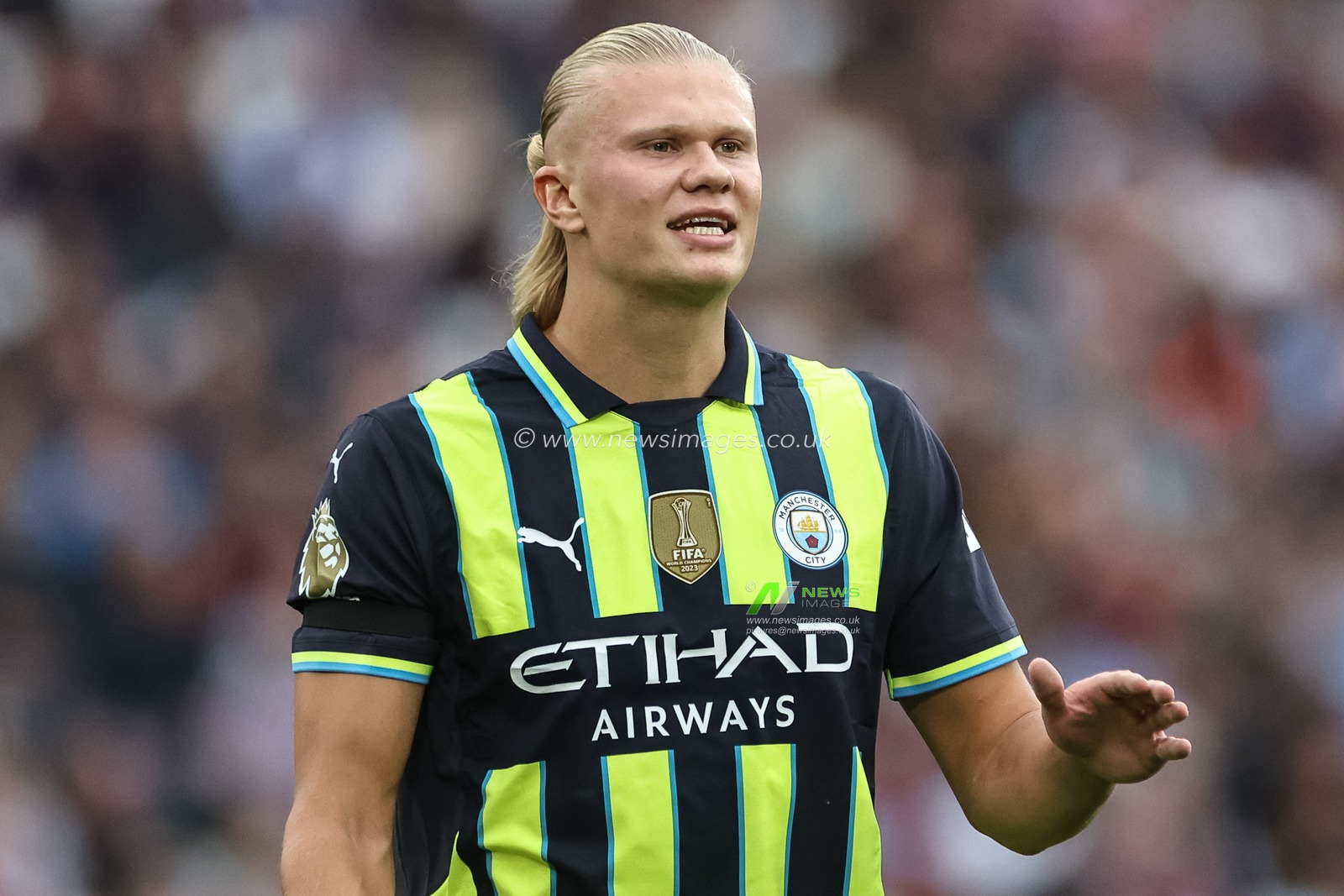 Erling Haaland of Manchester City reacts during the Premier League match West Ham United vs Manchester City at London Stadium, London, United Kingdom, 31st August 2024

(Photo by Mark Cosgrove/News Images)
