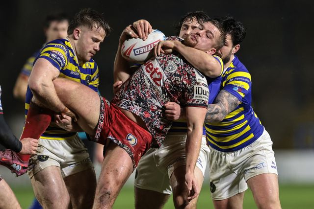 Max Wood of Warrington Wolves and James Bentley of Warrington Wolves Luke Thomas of Warrington Wolves in action during the Pre Season match Warrington Wolves vs Leigh Leopards at Halliwell Jones Stadium, Warrington, United Kingdom, 30th January 2026

(Photo by Mark Cosgrove/News Images)