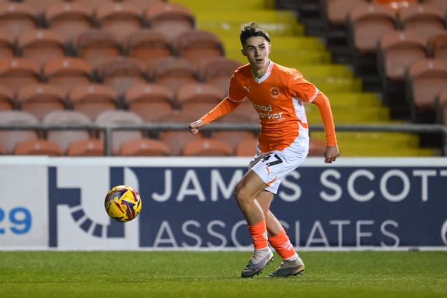 Jack Richardson of Blackpool makes a break with the ball during the Vertu Trophy match Blackpool vs Aston Villa U21 at Bloomfield Road, Blackpool, United Kingdom, 17th December 2024

(Photo by Craig Thomas/News Images)