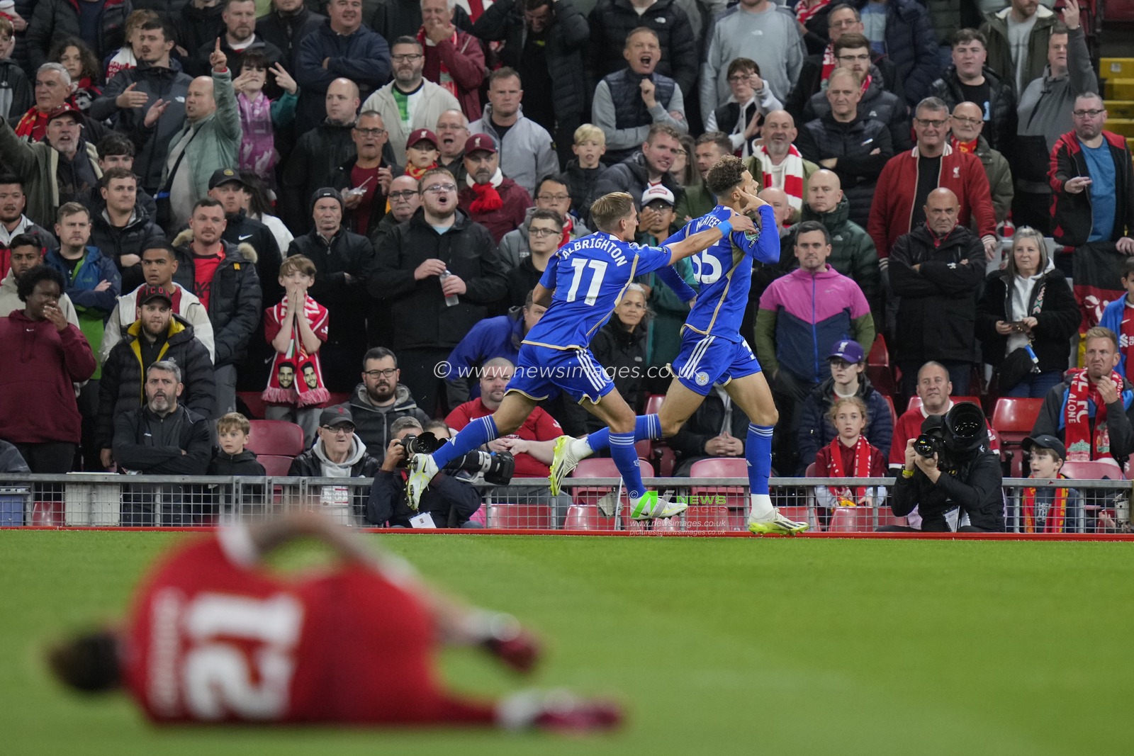 Kasey McAteer #35 of Leicester City celebrates scoring to make it 0-1 during the Carabao Cup Third Round match Liverpool vs Leicester City at Anfield, Liverpool, United Kingdom, 27th September 2023

(Photo by Steve Flynn/News Images)
