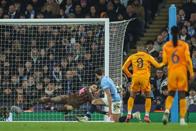Ederson of Manchester City saves a shot from Kylian MbappÃ© of Real Madrid during the UEFA Champions League Knockout Round Play-off Manchester City v Real Madrid at Etihad Stadium, Manchester, United Kingdom, 11th February 2025

(Photo by Mark Cosgrove/News Images)