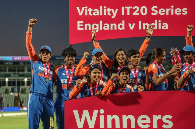 India lift the trophy after winning the series 2-3  during the 5th Vitality IT20 England Women vs India Women at Edgbaston, Birmingham, United Kingdom, 12th July 2025

(Photo by Izzy Poles/News Images)