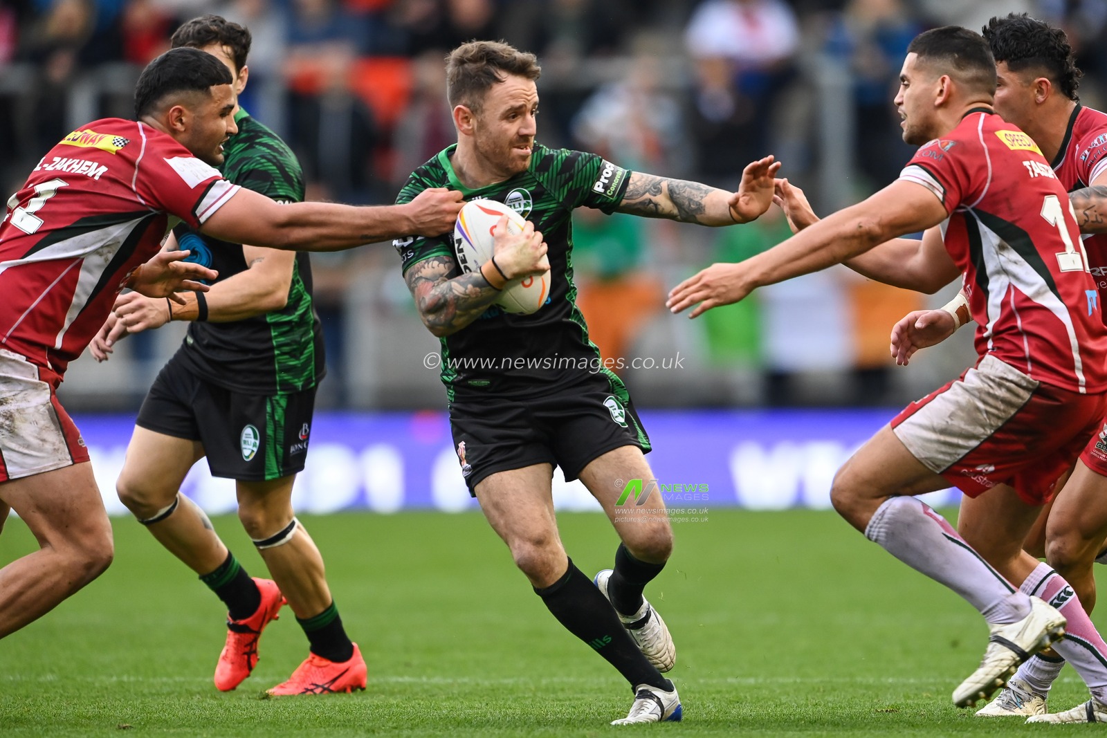 Richie Myler of Ireland is tackled by Elie El-Zakhem of Lebanon during the Rugby League World Cup 2021 match Ireland vs Lebanon at Leigh Sports Village, Leigh, United Kingdom, 23rd October 2022

(Photo by Craig Thomas/News Images)