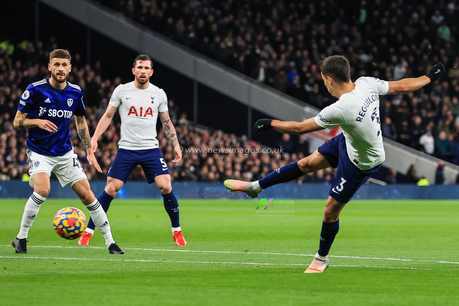 Sergio Reguilon #3 of Tottenham Hotspur shoots on goal