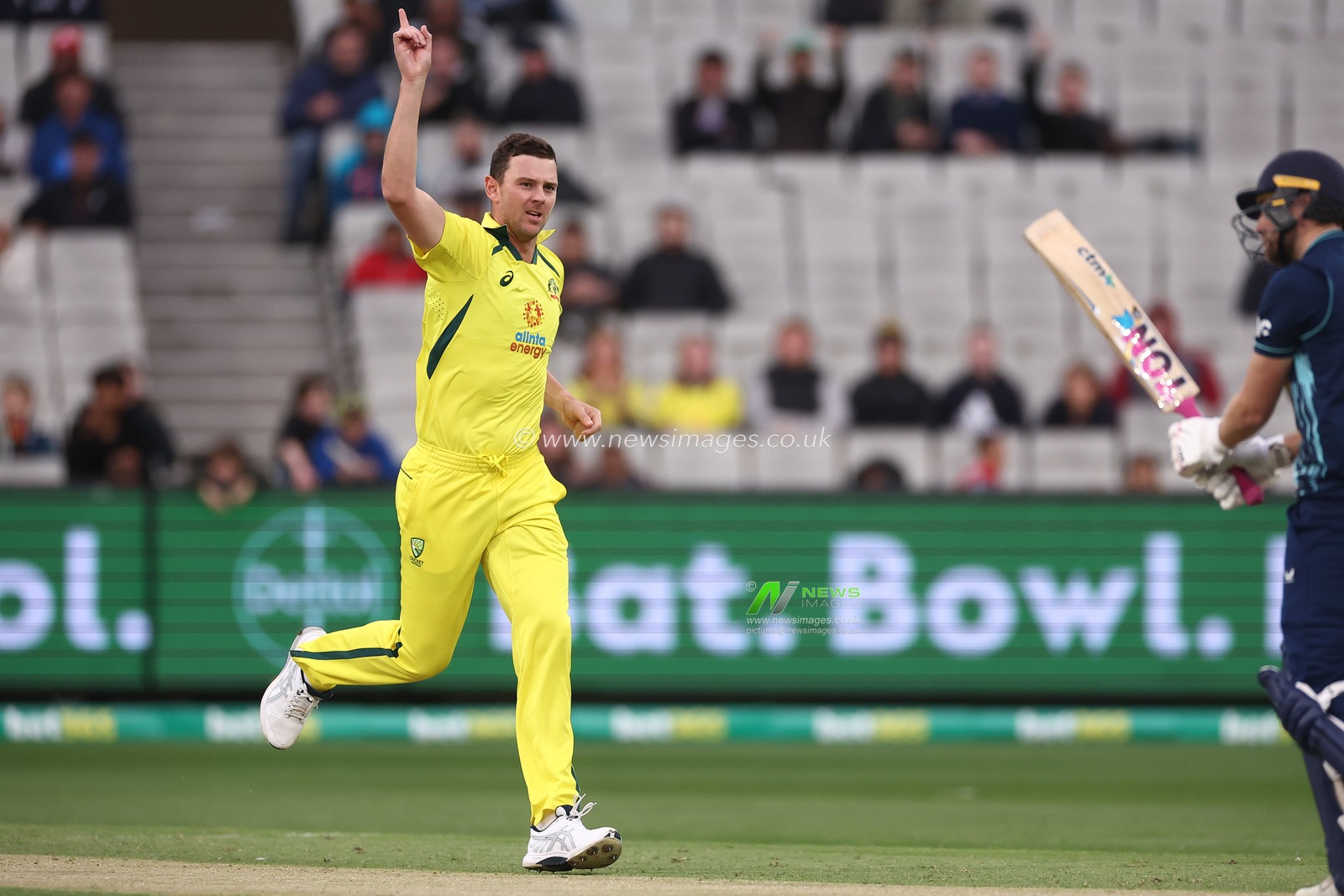 Josh Hazlewood of Australia  celebrates taking the wicket of Dawid Malan of England during the Dettol ODI Series match Australia vs England at Melbourne Cricket Ground, Melbourne, Australia, 22nd November 2022

(Photo by Patrick Hoelscher/News Images)