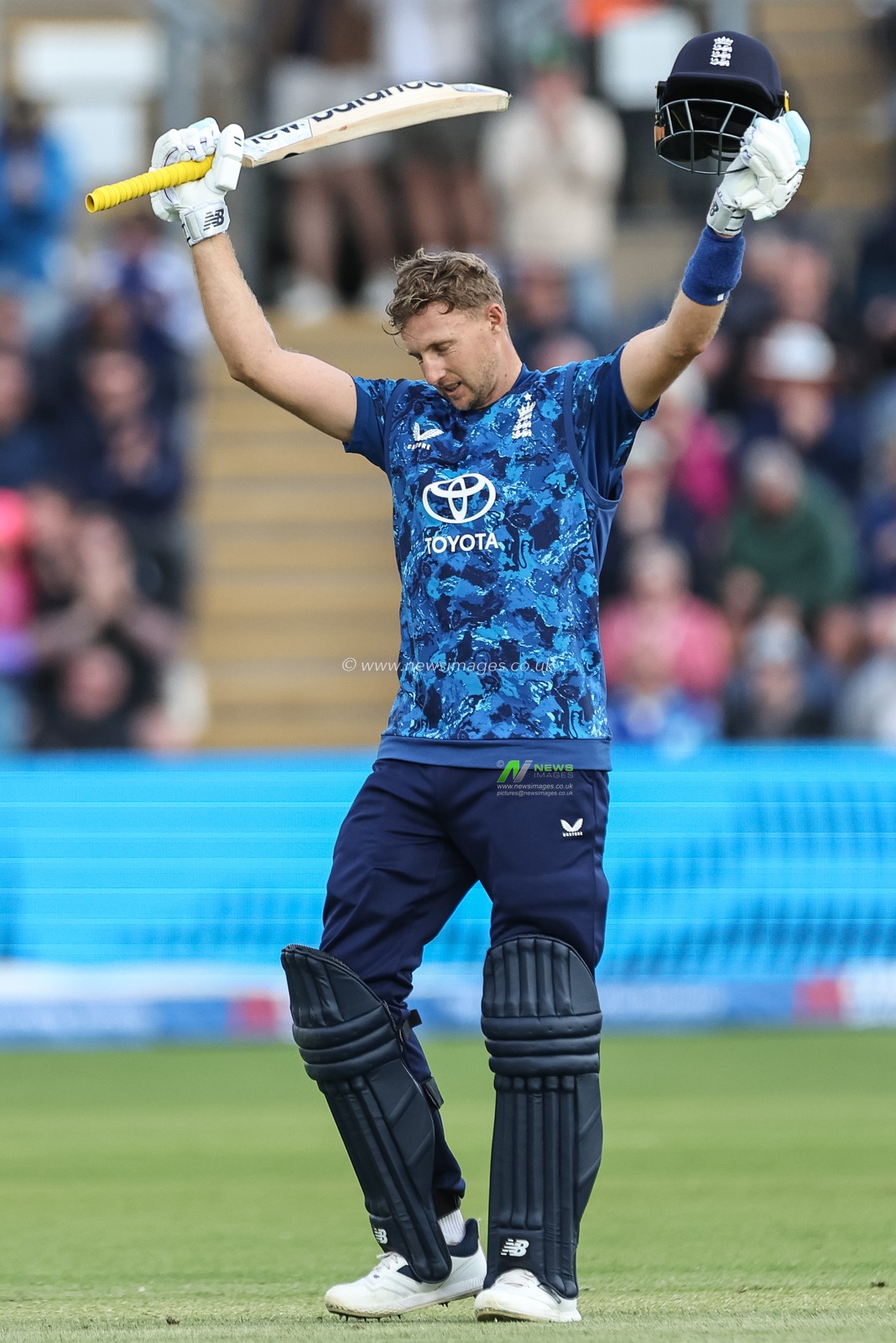 Joe Root of England celebrates a century (100 runs)during the 2nd Metro Bank ODI England v West Indies at Sophia Gardens Cricket Ground, Cardiff, United Kingdom, 1st June 2025

(Photo by Mark Cosgrove/News Images)