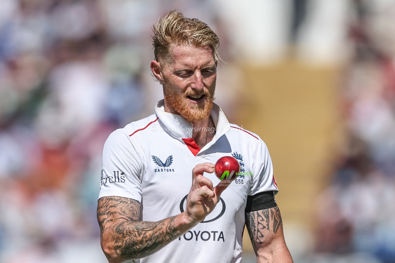 England captain Ben Stokes inspects the ball during the 2nd Rothesay Test Match Day 1 England vs India at Edgbaston, Birmingham, United Kingdom, 2nd July 2025

(Photo by Mark Cosgrove/News Images)