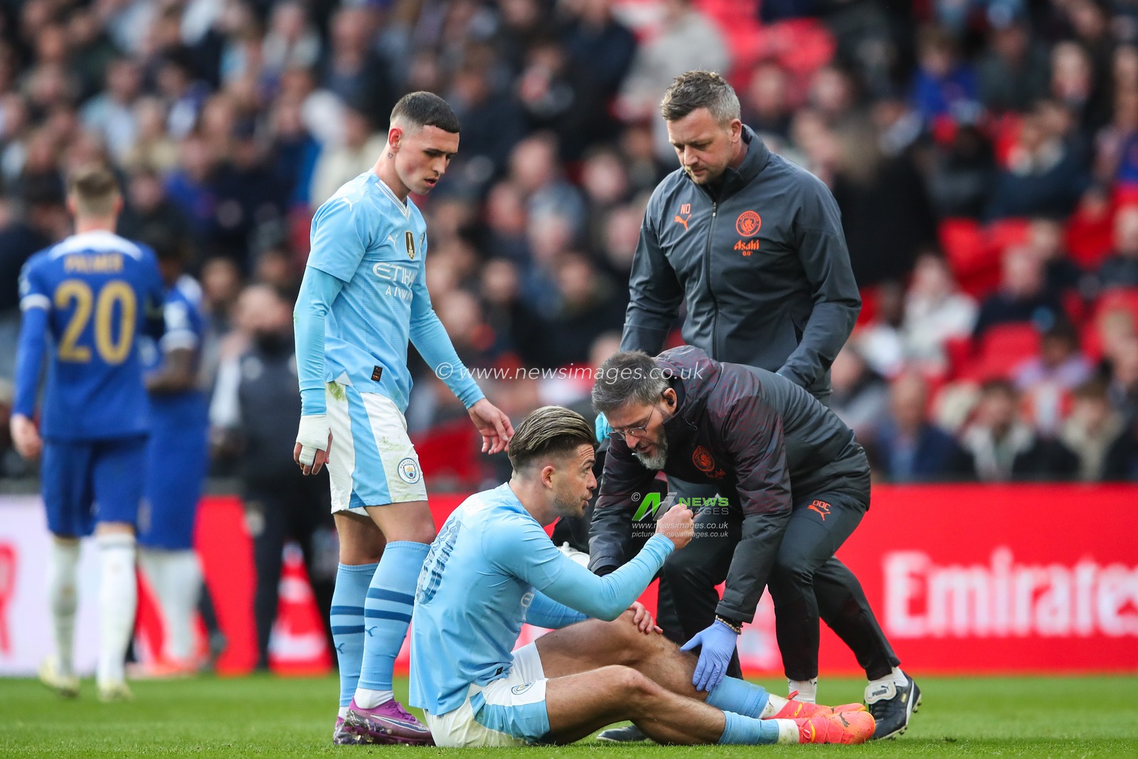 Jack Grealish of Manchester City receives medical treatment during the Emirates FA Cup Semi-Final match Manchester City vs Chelsea at Wembley Stadium, London, United Kingdom, 20th April 2024

(Photo by Gareth Evans/News Images)