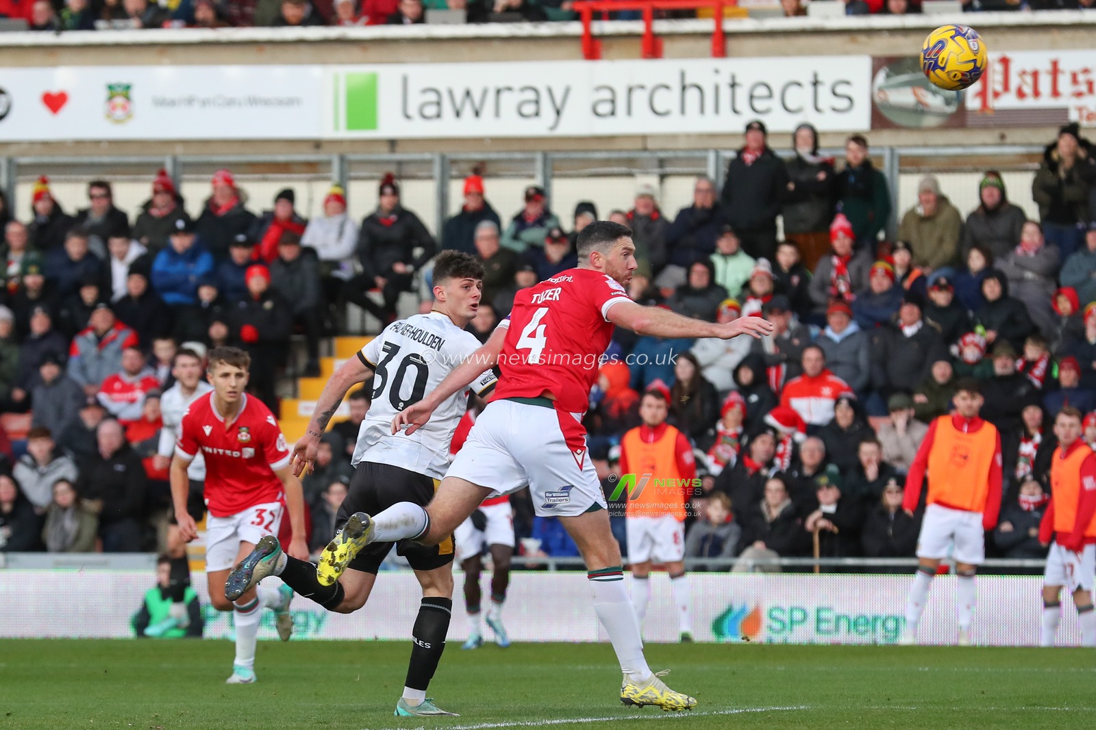 Seb Palmer-Houlden #30 of Newport County has a headed shot at goal during the Sky Bet League 2 match Wrexham vs Newport County at SToK Cae Ras, Wrexham, United Kingdom, 23rd December 2023

(Photo by Gareth Evans/News Images)