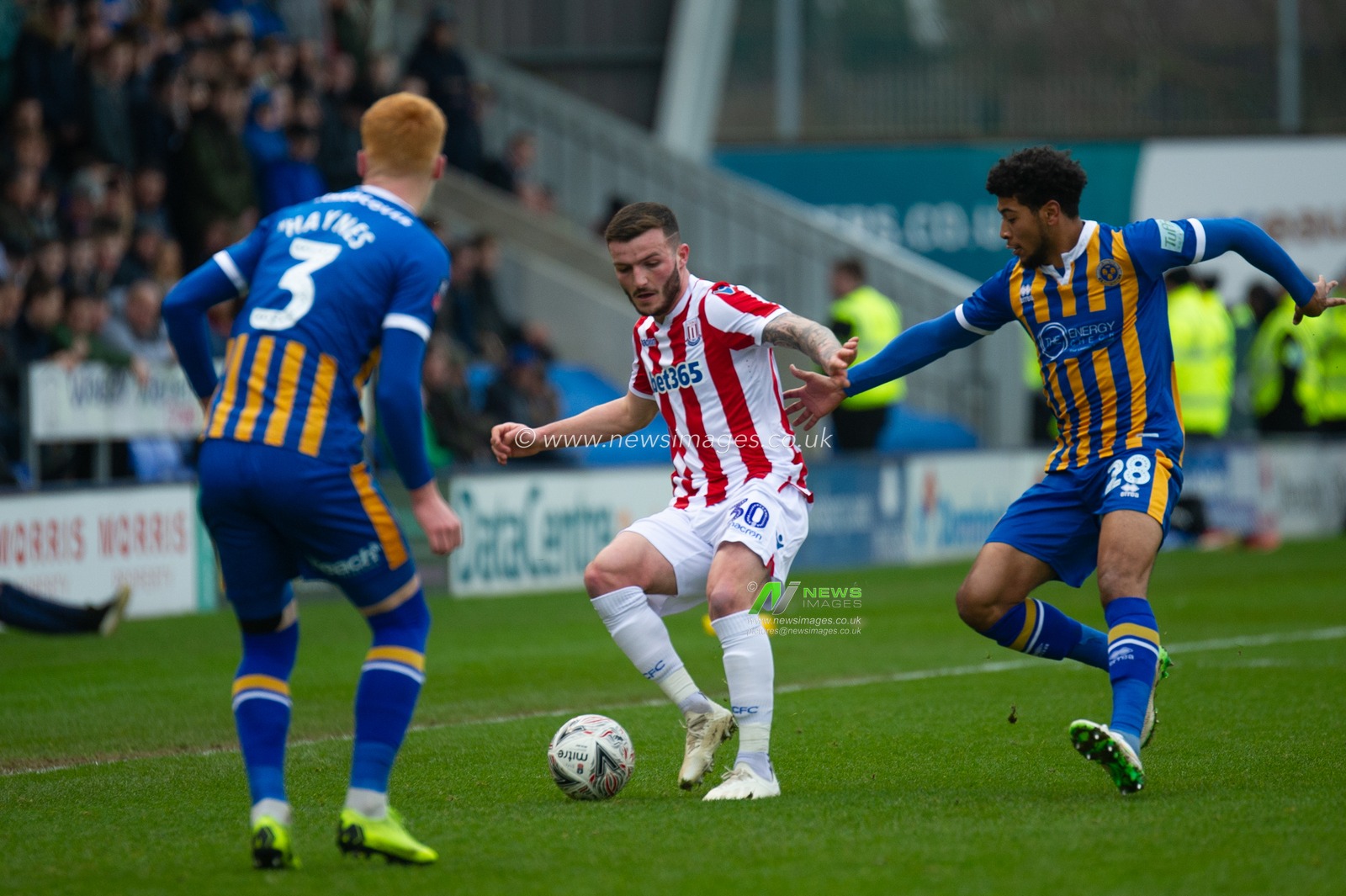 5th January 2019, New Meadow, Shrewsbury, England ; The Emirates FA Cup, 3rd Round, Shrewsbury Town vs Stoke City : Tom Edwards (30) of Stoke City under pressure fromJosh Laurent (28) of Shrewsbury Town and , Ryan Haynes

Credit: Richard Long/News Images

English Football League images are subject to DataCo Licence