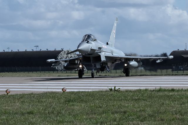 A RAF Eurofighter Typhoon FGR Mk4 taxies back to the pan during a flight training day at RAF Coningsby, Coningsby, United Kingdom, 22nd September 2025

(Photo by Mark Cosgrove/News Images)