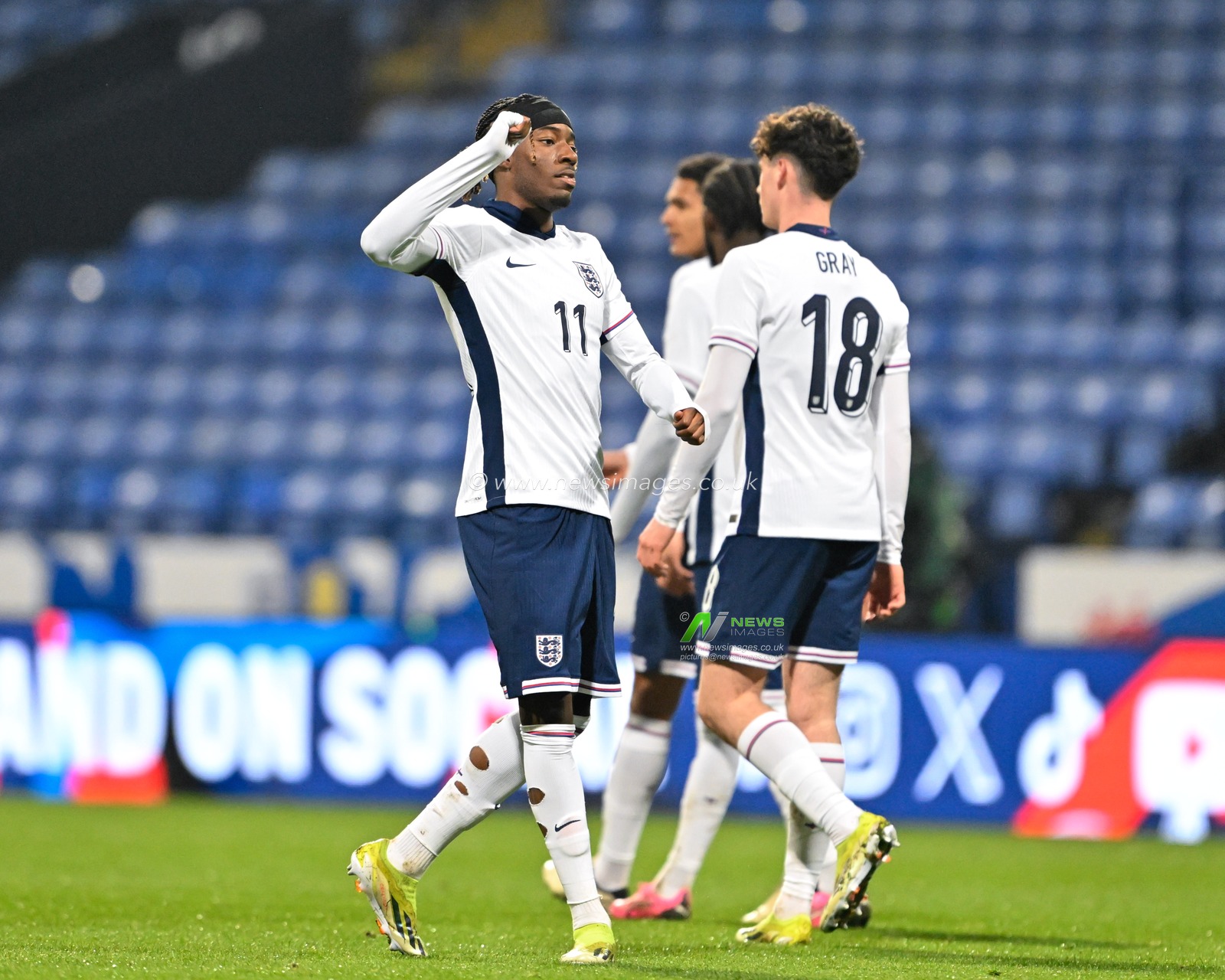 Noni Madueke of England celebrates his goal to make it 4-0 England, during the UEFA Euro U21 Qualifiers Group F match England U21 vs Luxembourg U21 at Toughsheet Community Stadium, Bolton, United Kingdom, 26th March 2024

(Photo by Cody Froggatt/News Images)