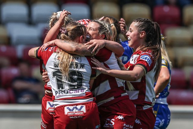 Georgia Wilson of Wigan Warriors celebrates her try during the Betfred Women's Challenge Cup Cup Semi-final match Leeds Rhinos vs Wigan Warriors at LNER Community Stadium, York, United Kingdom, 10th May 2025

(Photo by Alfie Cosgrove/News Images)