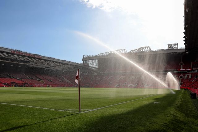 Water sprinklers douse the pitch ahead of kickoff during the Premier League match Manchester United vs Brentford at Old Trafford, Manchester, United Kingdom on 27 April 2026

(Photo by Mark Cosgrove/News Images)