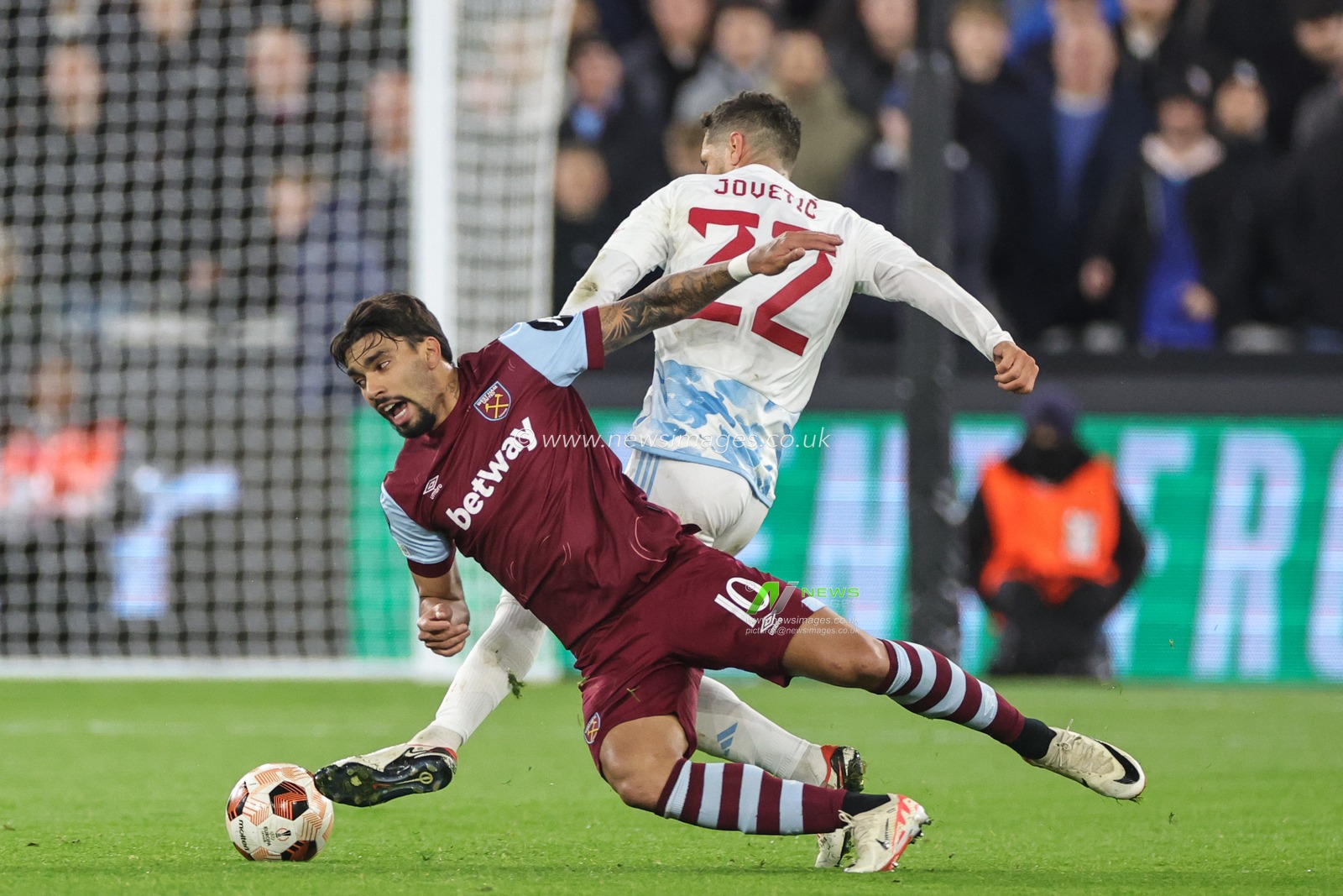 Lucas PaquetÃ¡ #10 of West Ham United fouled during the UEFA Europa League match West Ham United vs Olympiakos FC at London Stadium, London, United Kingdom, 9th November 2023

(Photo by Mark Cosgrove/News Images)